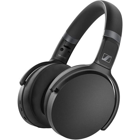 The Sennheiser HD 450BT wireless over-ear headphones feature a padded headband and ear cups, a modern black design with the Sennheiser logo on the right ear cup, and deliver exceptional sound quality for a premium listening experience.