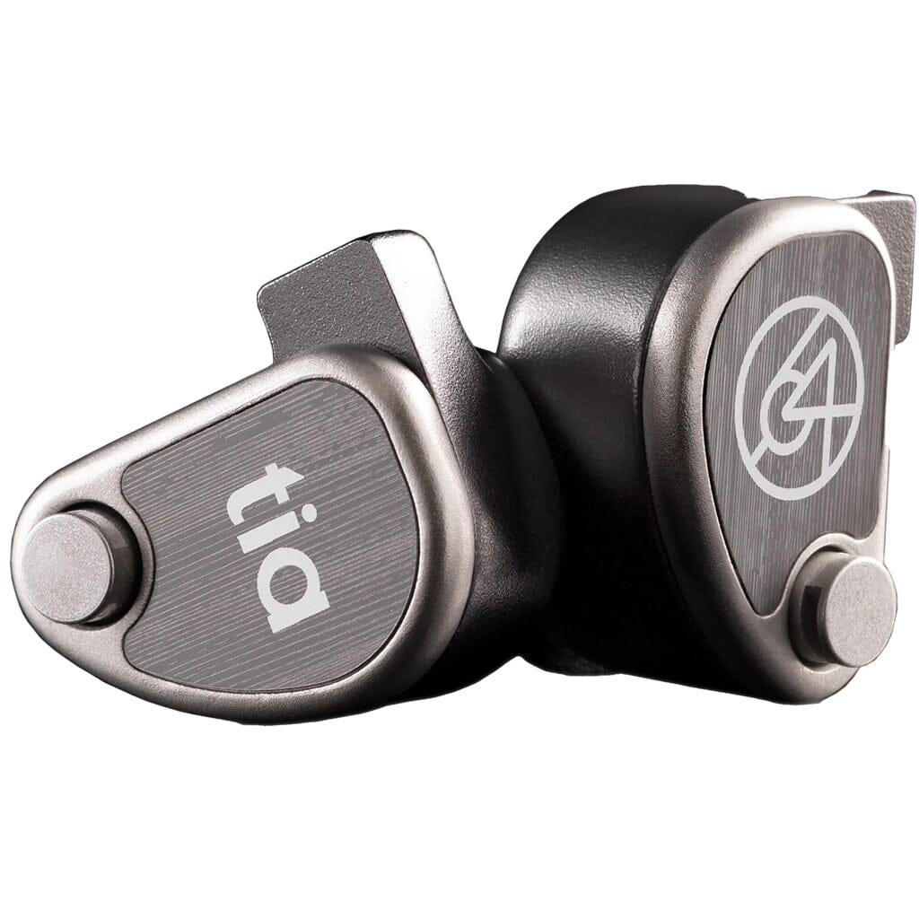 The 64 Audio U12t In-Ear Headphones feature a sleek black and silver design, with tia on one earpiece and a stylized 64 in a circle on the other—signature details of 64 Audio, renowned for natural sound reproduction.
