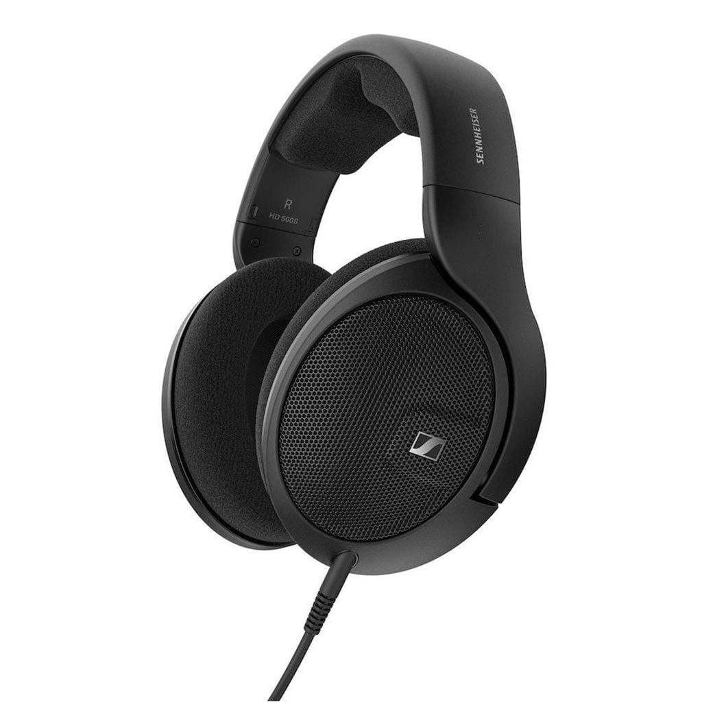 The Sennheiser HD 560S are black over-ear headphones with a cushioned headband, open-back design, wired connection, and the Sennheiser logo on the ear cup—perfect for audiophiles.