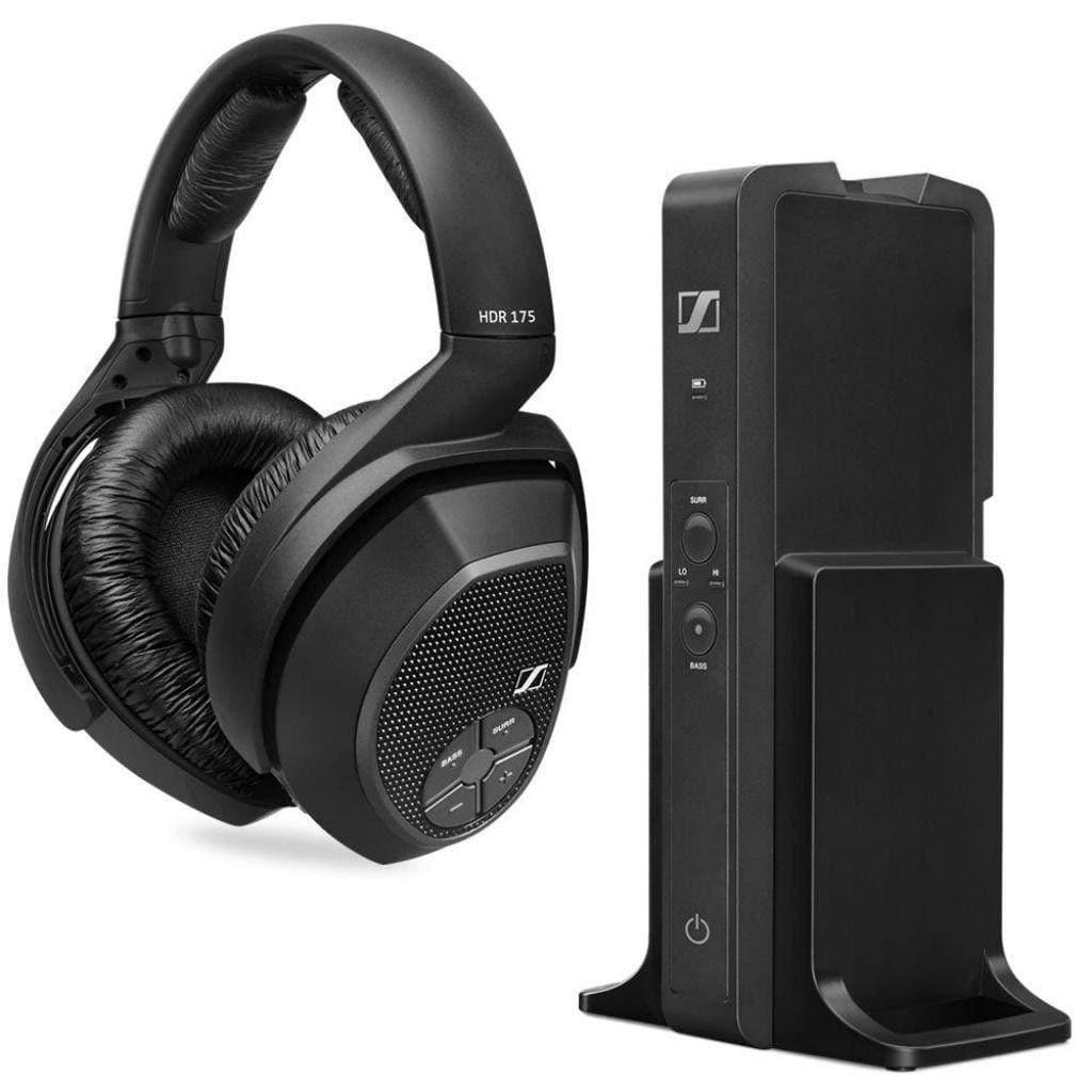 The Sennheiser RS 175 wireless black over-ear headphones and matching vertical charging base, both with Sennheiser branding, are displayed against a white background.