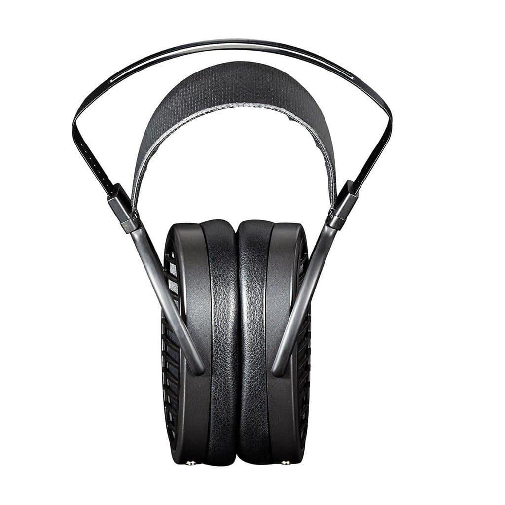 The Hifiman Arya Headphones | Stealth Magnets Edition by Hifiman are black, over-ear planar magnetic headphones with a wide, padded headband and rectangular ear cups, shown from the front on a white background.
