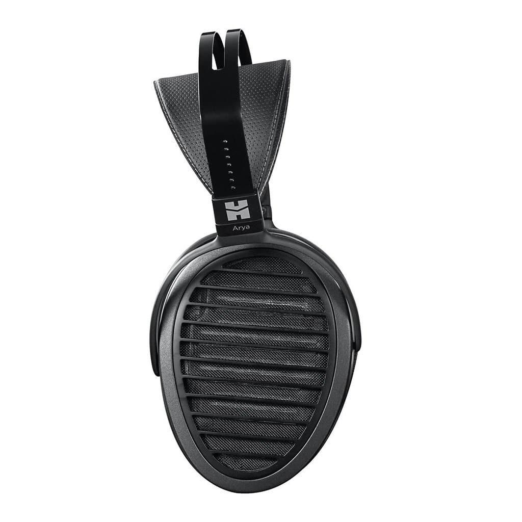 A single black Hifiman Arya Headphone | Stealth Magnets Edition stands upright on a white background, showcasing its large oval ear cup with a striped grille and wide cushioned headband for an immersive soundstage.