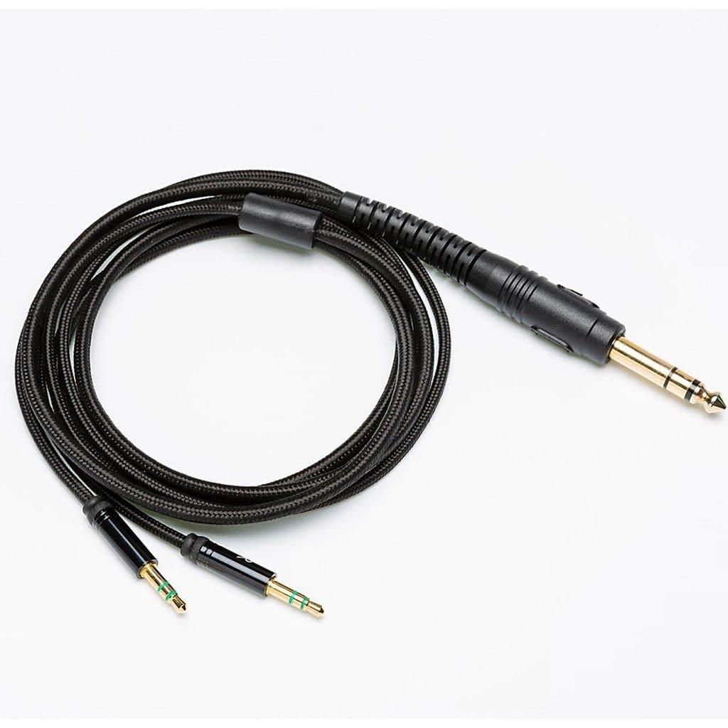 A coiled black cable with a 6.35mm TRS plug and two 3.5mm TRS plugs, ideal for connecting Hifiman Arya Headphones | Stealth Magnets Edition by Hifiman, displayed on a plain white background.