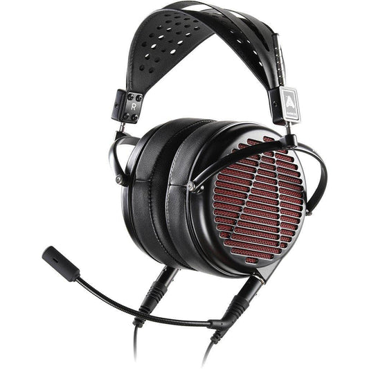 The Audeze LCD-GX Planar Magnetic Gaming Headphones feature a black over-ear design with red grille accents, a detachable microphone, wide perforated padded headband, adjustable metal connectors, and premium planar magnetic drivers for audiophile gaming.