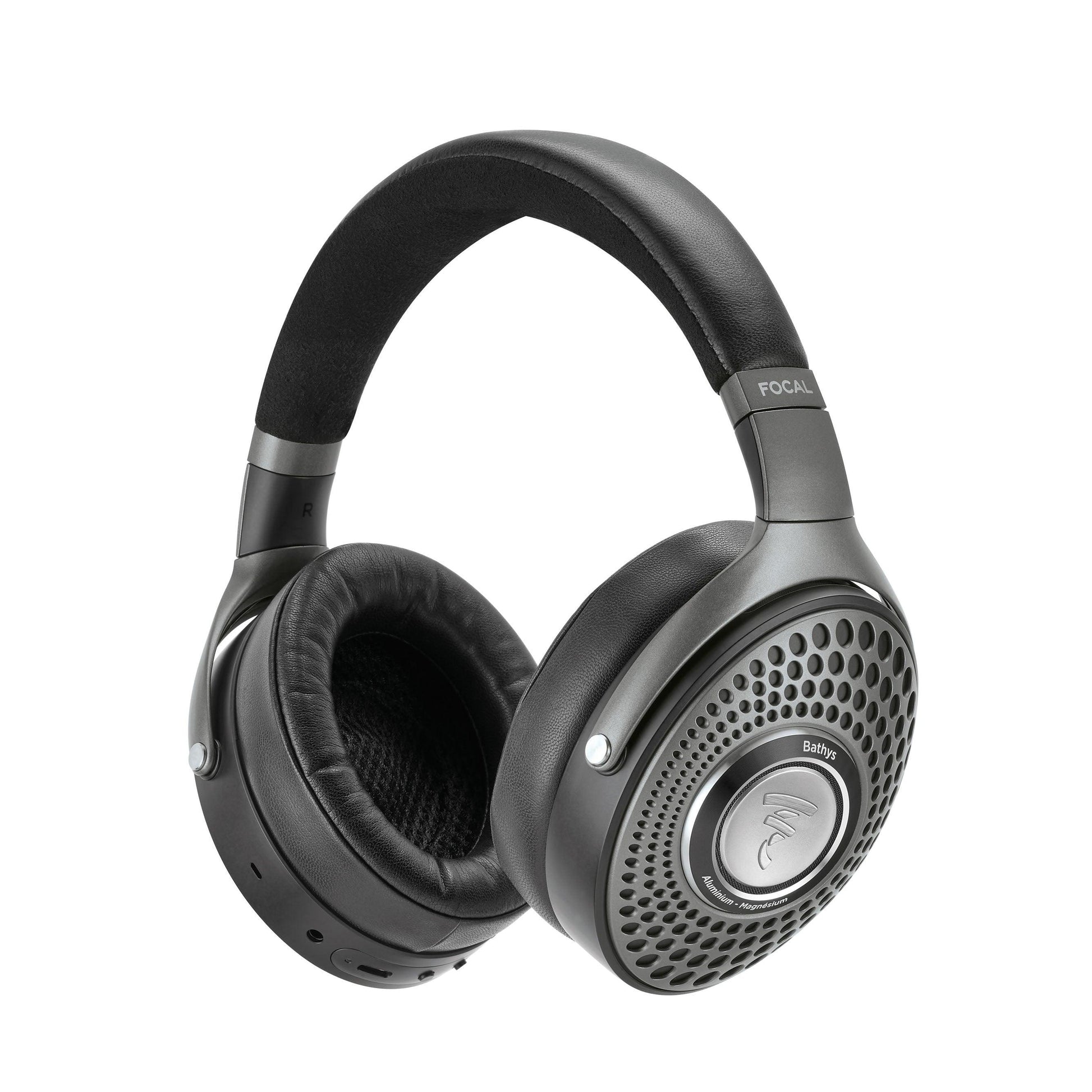 The Focal Bathys by Focal are over-ear black headphones with perforated ear cups, cushioned pads, and a labeled headband. These active noise-canceling headphones boast a sleek design for immersive audio experiences.