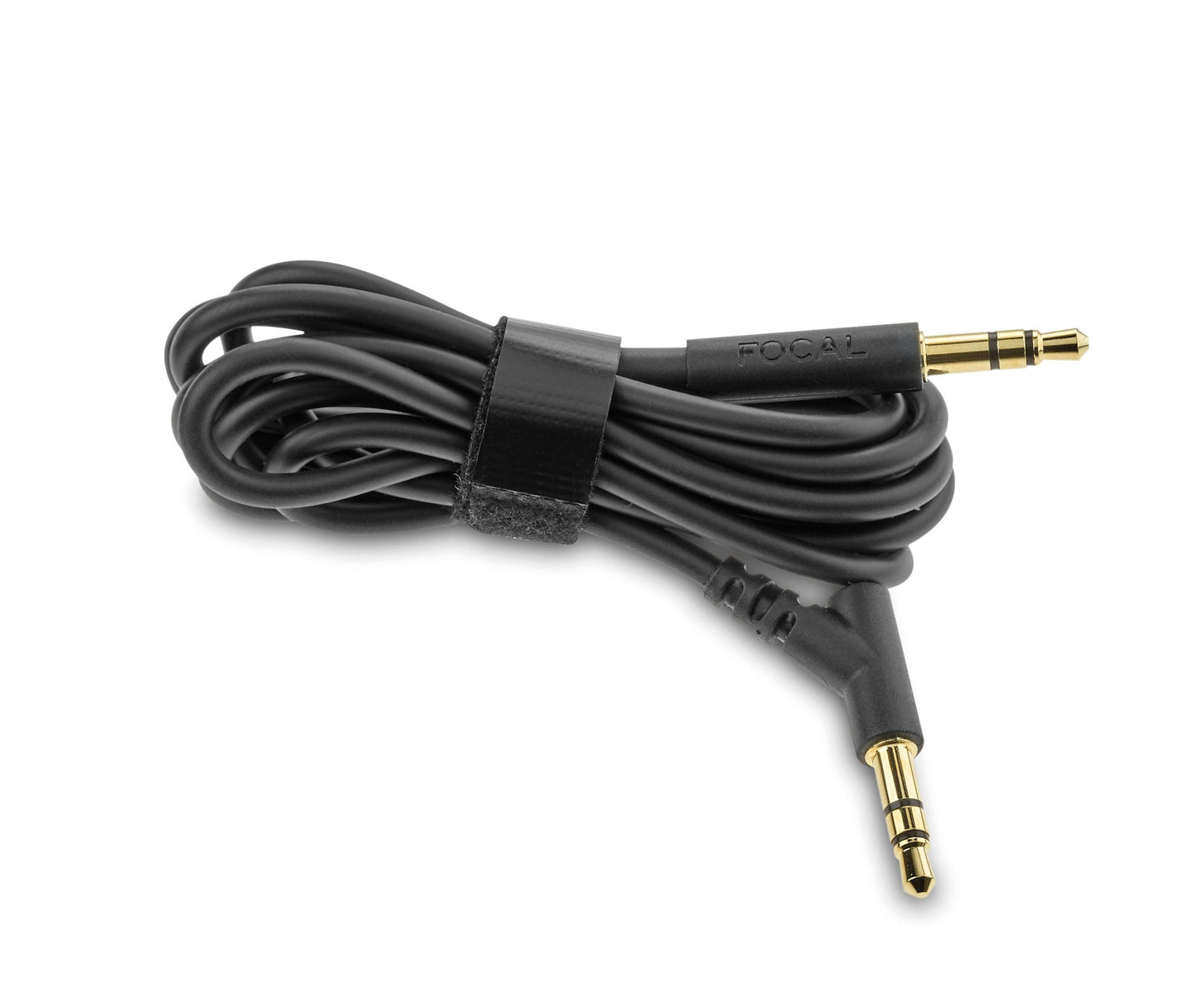 A black coiled audio cable with gold-plated 3.5mm connectors (one straight, one angled) and a Velcro strap, designed for use with Focal Bathys active noise-canceling headphones by Focal.