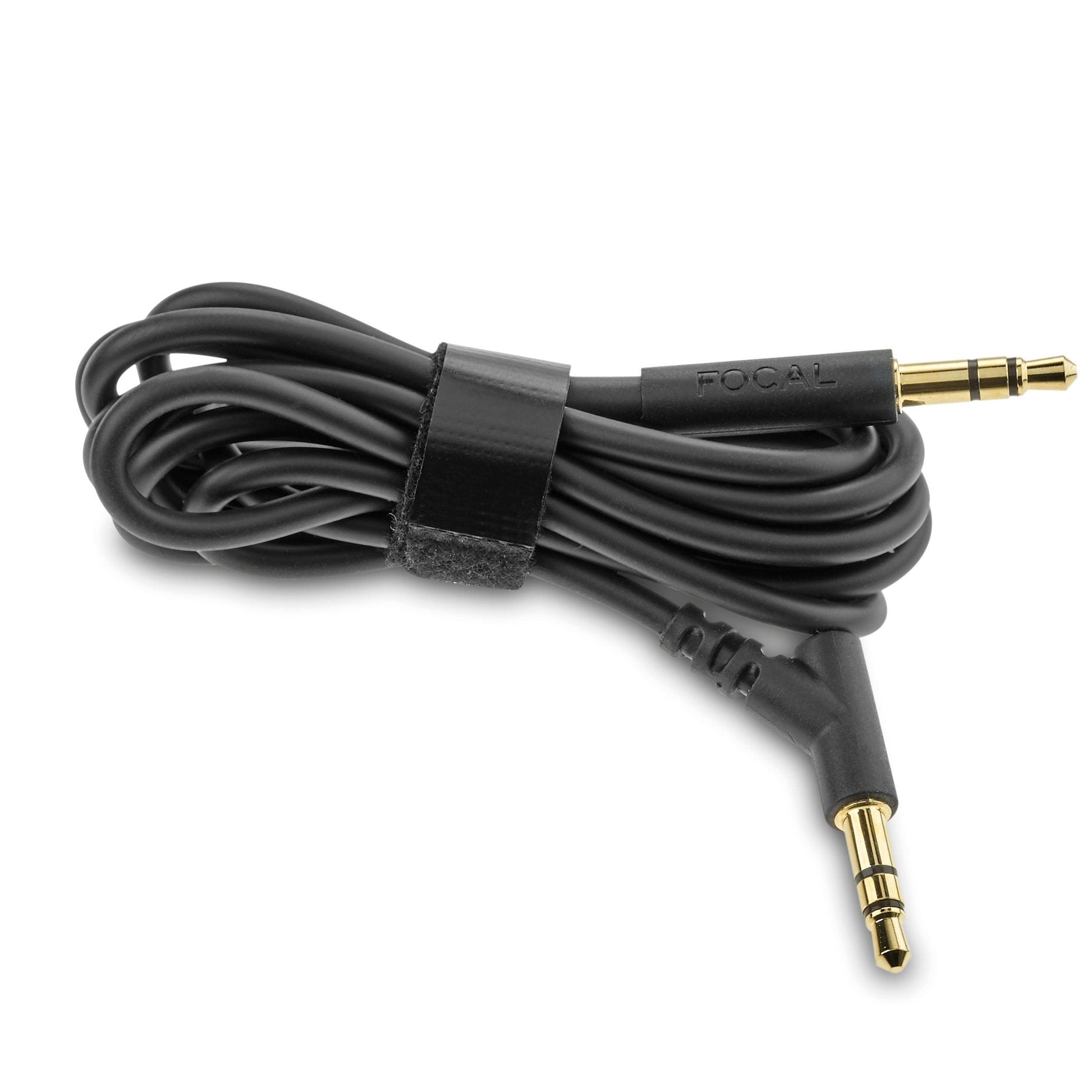 A black coiled audio cable with gold-plated 3.5mm connectors (one straight, one angled) and a Velcro strap, designed for use with Focal Bathys active noise-canceling headphones by Focal.