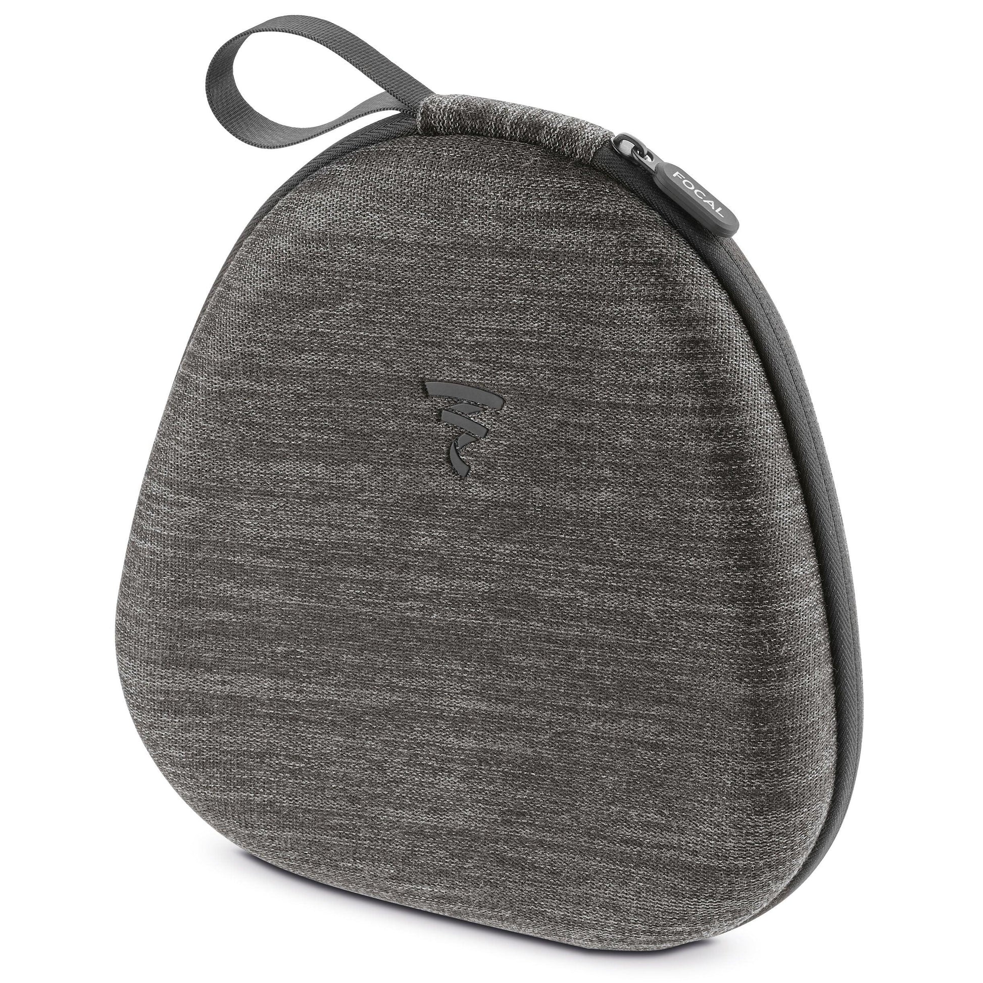 A gray, textured Focal Bathys carrying case with a rounded triangular shape, top handle loop, and embossed Focal logo on front—ideal for keeping your active noise-canceling headphones safe and secure.