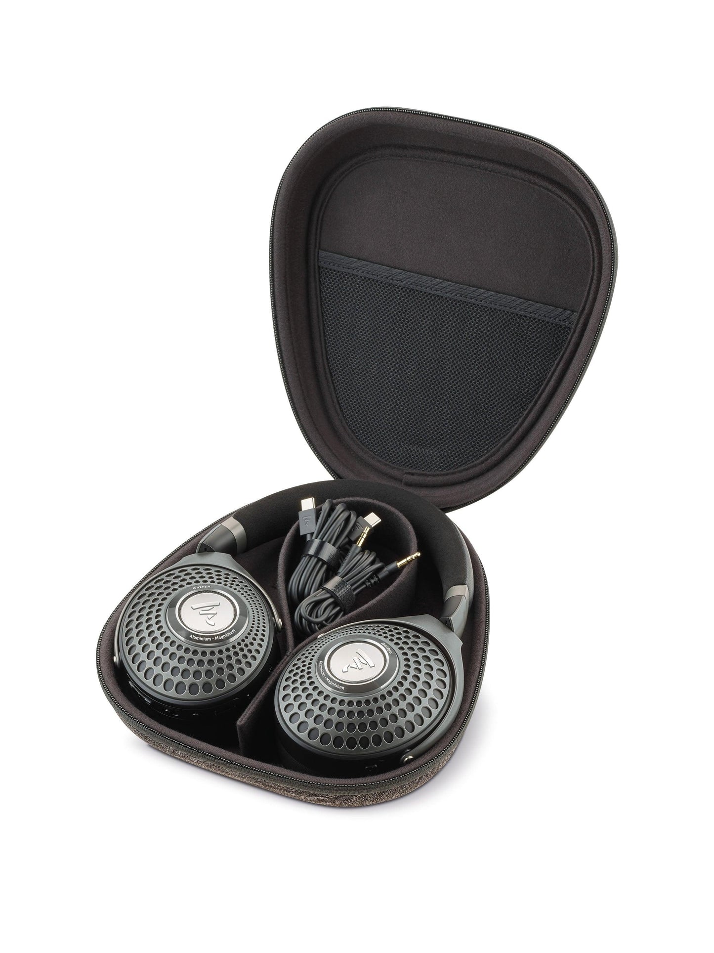 A pair of large, over-ear Focal Bathys active noise-canceling headphones in a black Focal carrying case, with coiled cables beside them; the case has a mesh pocket in the lid—ideal for your Bathys or accessories.