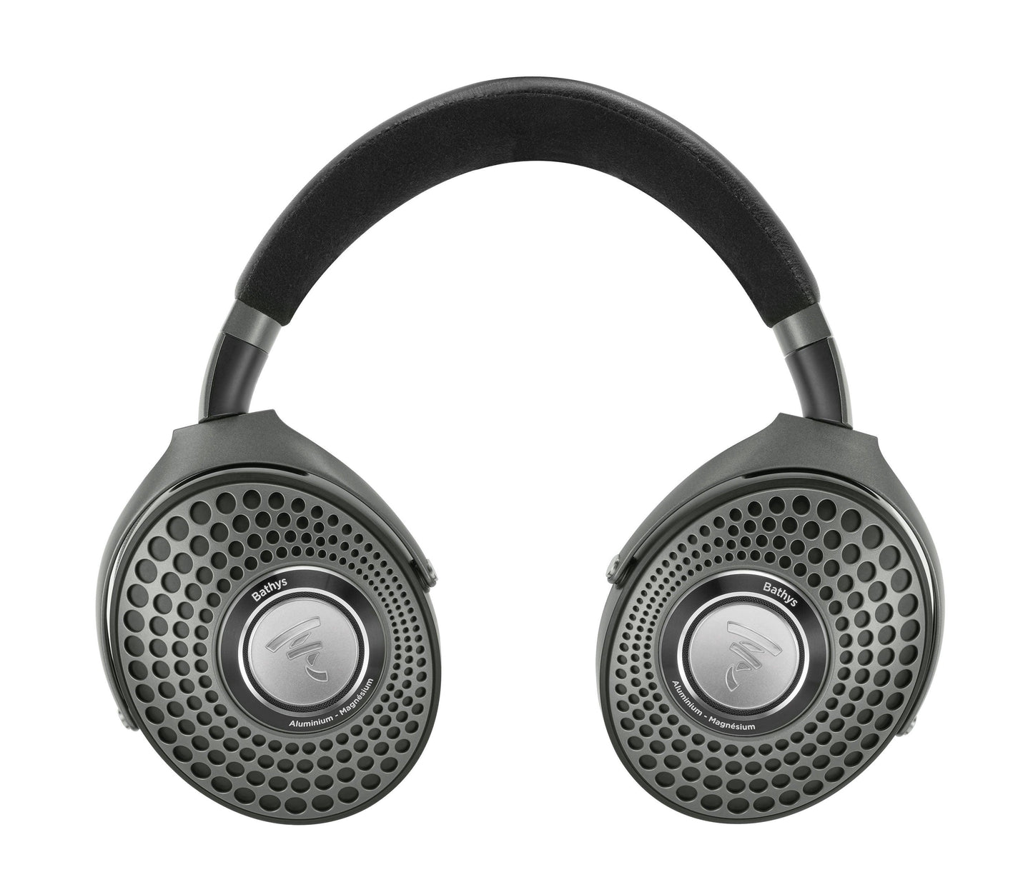 The Focal Bathys by Focal are over-ear, active noise-canceling headphones in black with cushioned ear cups and headband, featuring a circular, perforated metal design and a sleek, modern Bathys-inspired look.