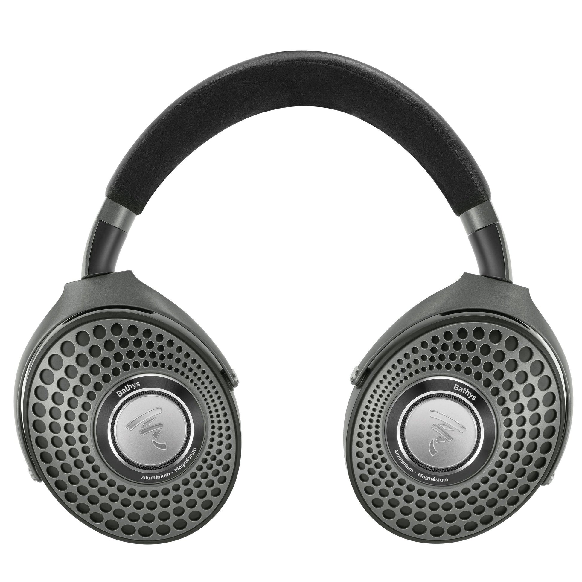 The Focal Bathys by Focal are over-ear, active noise-canceling headphones in black with cushioned ear cups and headband, featuring a circular, perforated metal design and a sleek, modern Bathys-inspired look.