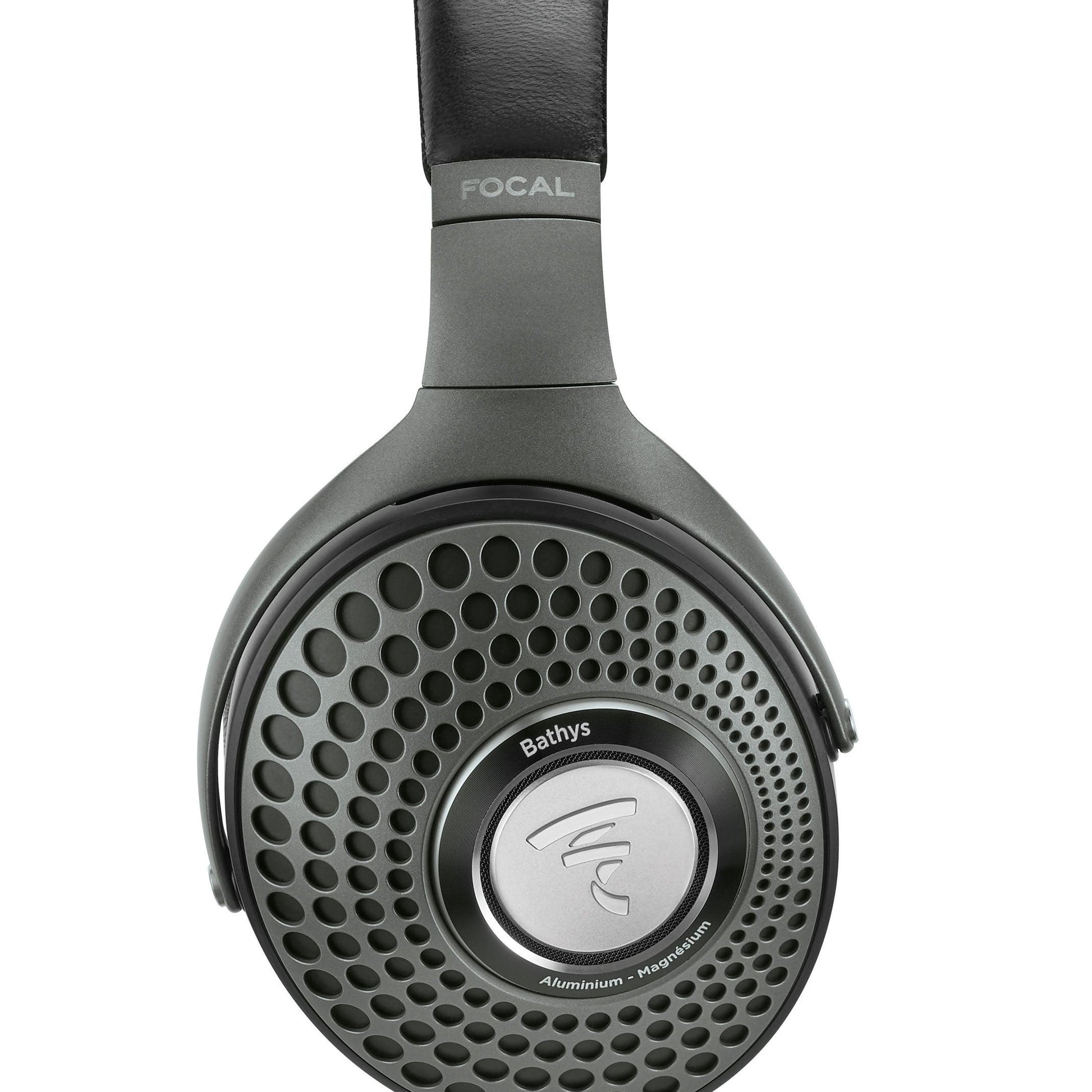 Black Focal Bathys over-ear active noise-canceling headphones seen from the side, featuring a circular ear cup with a geometric perforated pattern, silver Focal logo at the center, and a cushioned black headband.