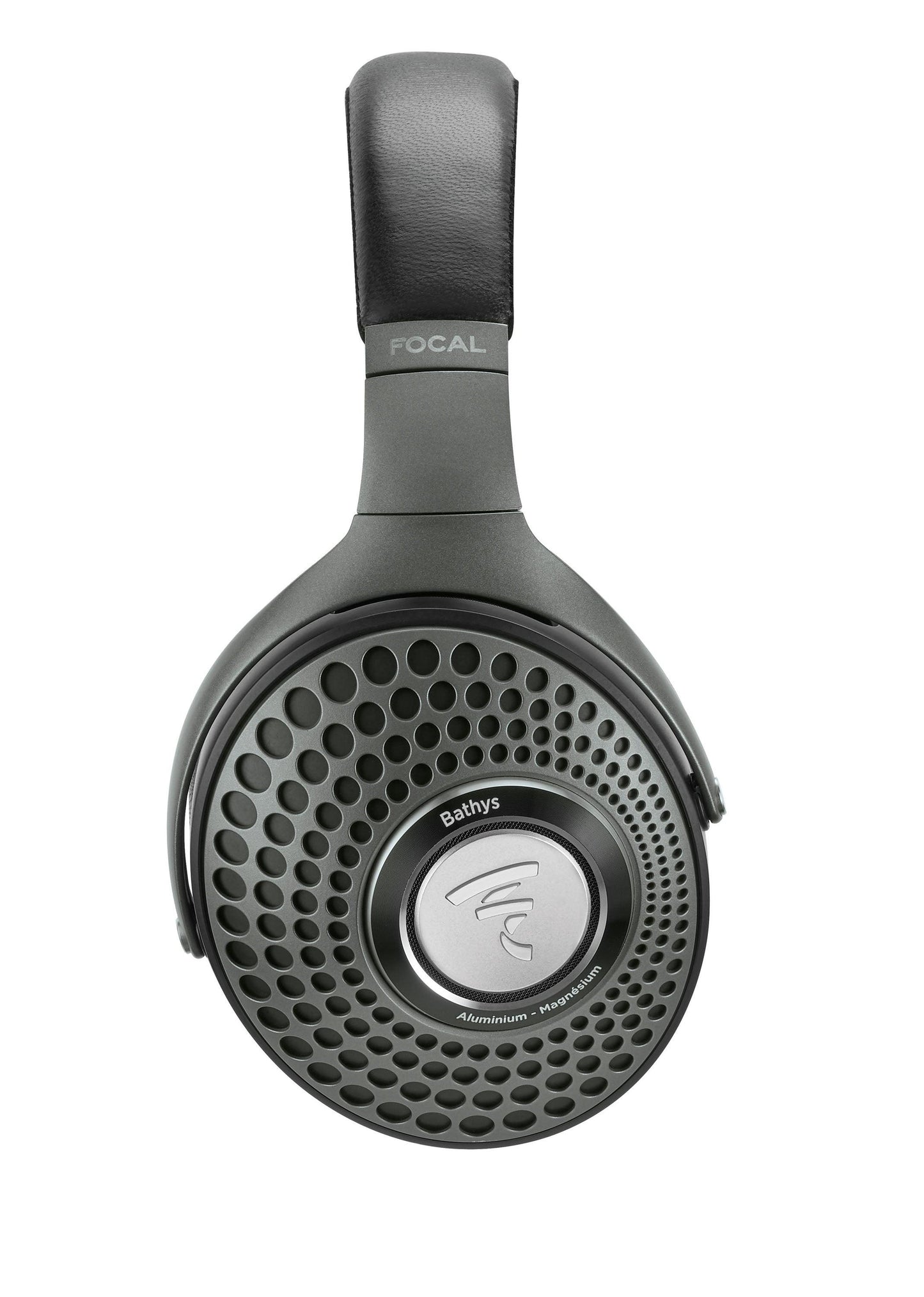 Black Focal Bathys over-ear active noise-canceling headphones seen from the side, featuring a circular ear cup with a geometric perforated pattern, silver Focal logo at the center, and a cushioned black headband.