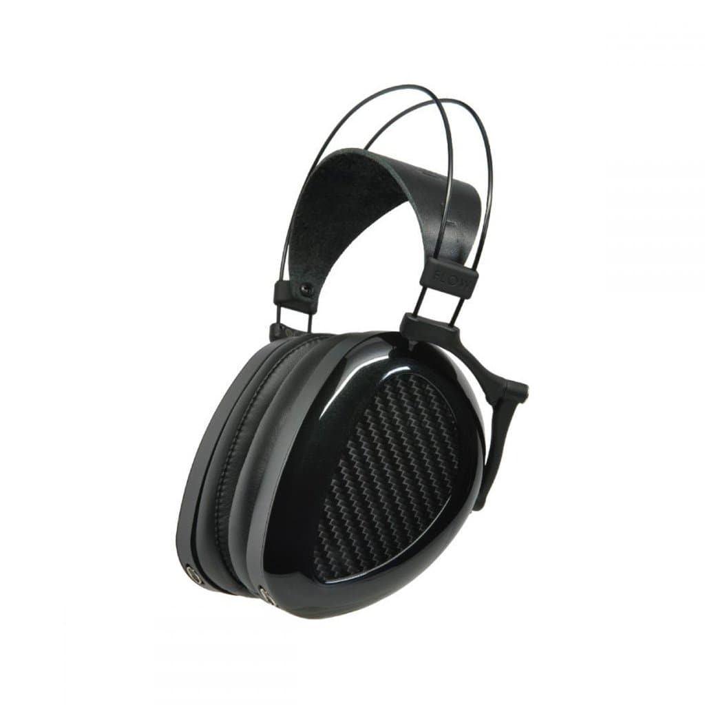 The Dan Clark Audio AEON 2 Noire Headphones by Dan Clark Audio are black, lightweight over-ear headphones featuring a carbon fiber pattern on the ear cups and a dual-wire headband, displayed against a plain white background.