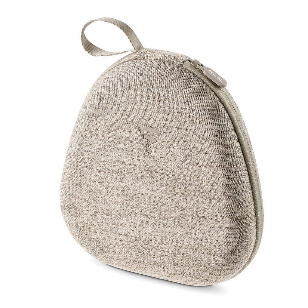 A beige, textured triangular zippered case with a small loop handle and an embossed Focal Bathys logo on the front—ideal for protecting your Focal Bathys active noise-canceling headphones.