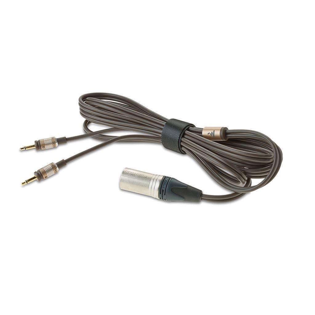 A coiled audio cable with two gold-plated 3.5mm plugs and a silver XLR connector, secured by a black velcro strap, is ideal for Focal Clear Mg headphones by Focal—shown isolated on a white background.