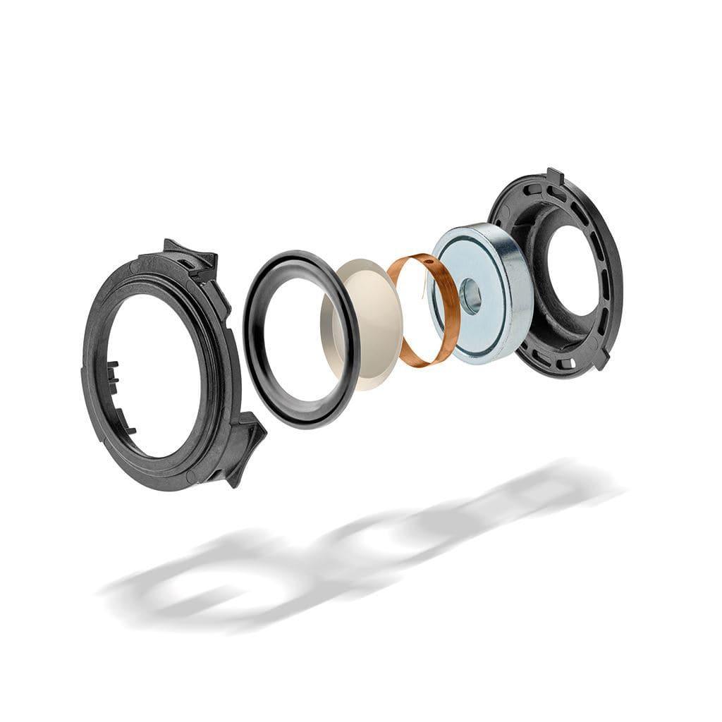 An exploded view inspired by Focal Clear Mg Headphones from Focal features six circular black, white, copper, and silver parts arranged in a line on a white background.