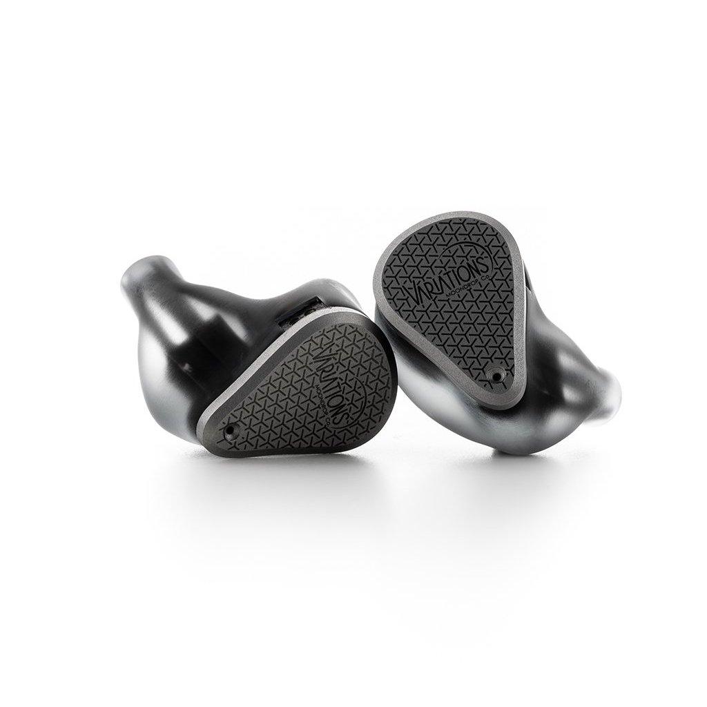 A pair of black Moondrop Variations Tribrid In-Ear Headphones with textured, triangular-patterned end caps are displayed on a white background, Moondrop branding visible on the caps.