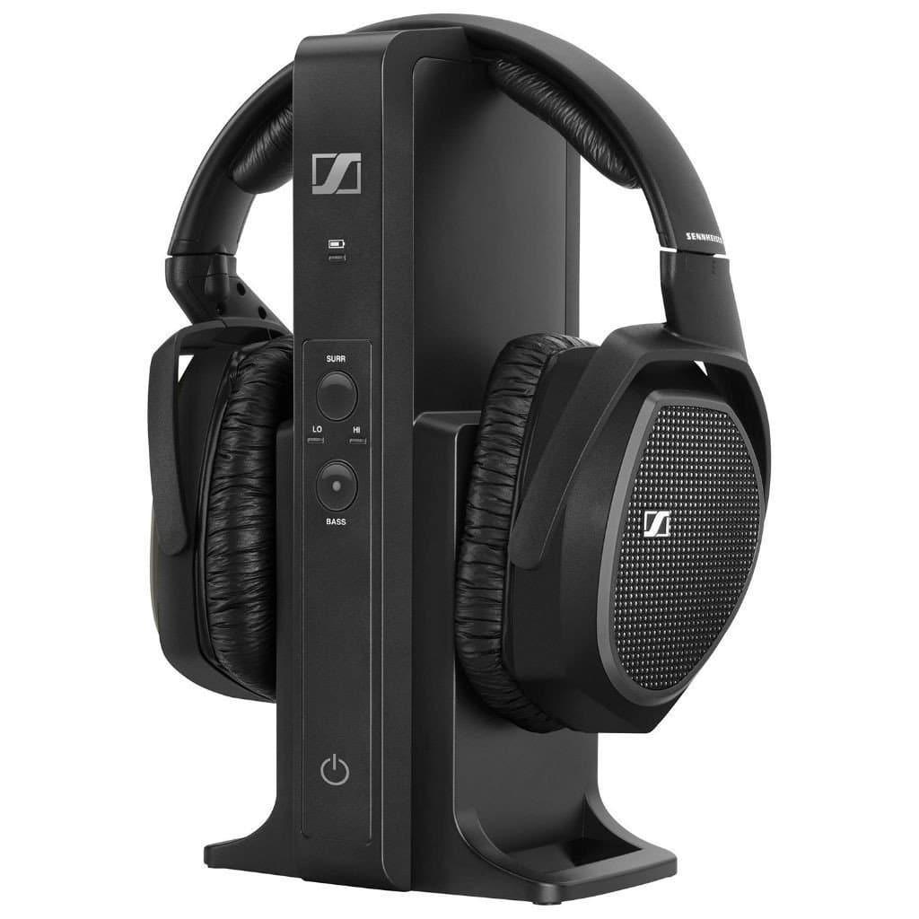 A pair of Sennheiser RS 175 black wireless headphones rest on their vertical charging stand, featuring front control and power buttons for seamless digital audio transmission.