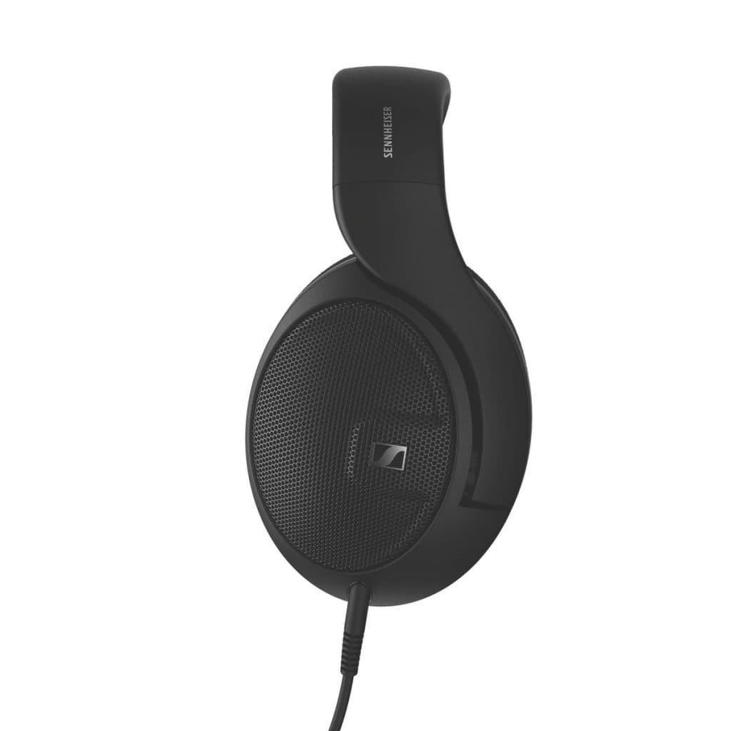 Side view of the Sennheiser HD 560S, a black over-ear wired headphone with open-back design, mesh speaker cover, attached cable, and Sennheiser logo—perfect for audiophiles.