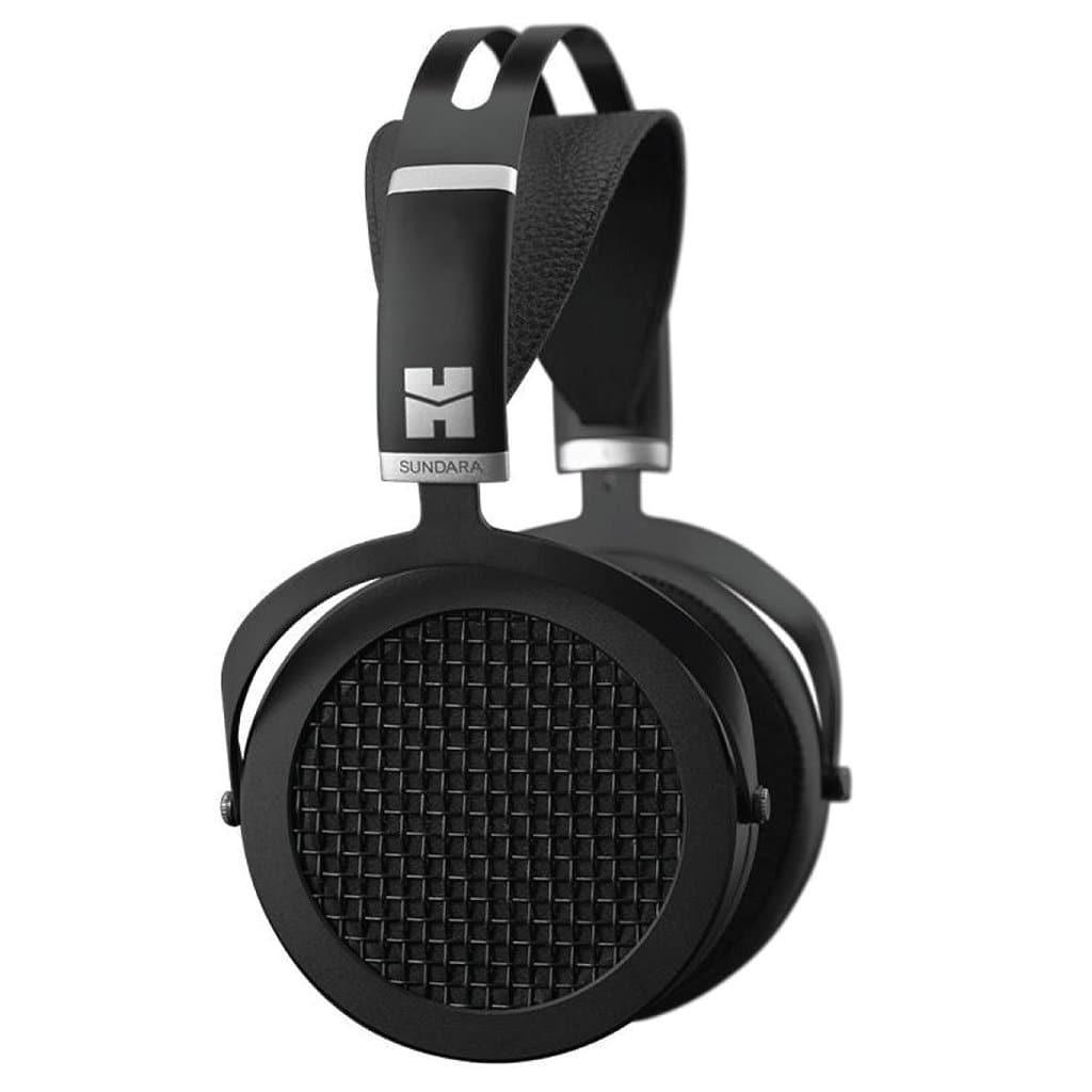 The Hifiman Sundara Headphones | 2020 Edition are black, over-ear planar magnetic headphones with a wide, adjustable headband and textured ear cups—delivering audio excellence with HiFiMAN’s signature sound.